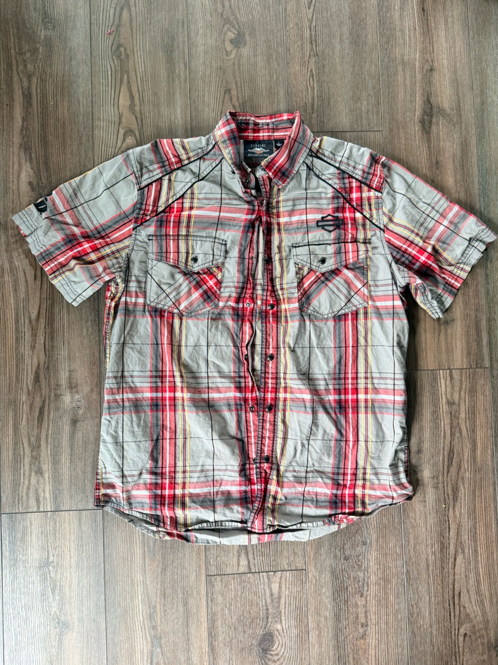 Harley-Davidson Red Gray Embroidered Plaid Short-Sleeve Button-Down Shirt